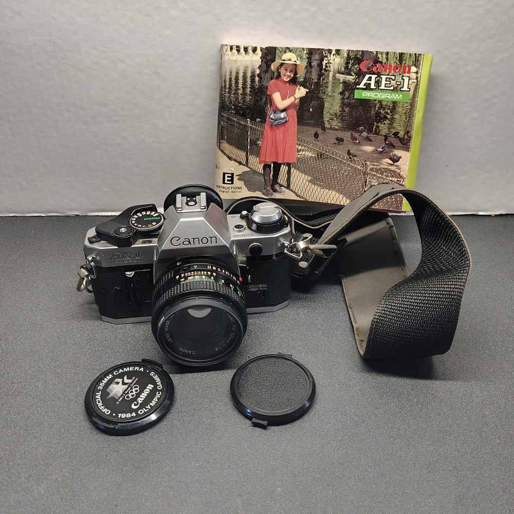 Canon AE-1 Program Film Camera Silver 35mm SLR FD 50mm 1.8 Lens Manual